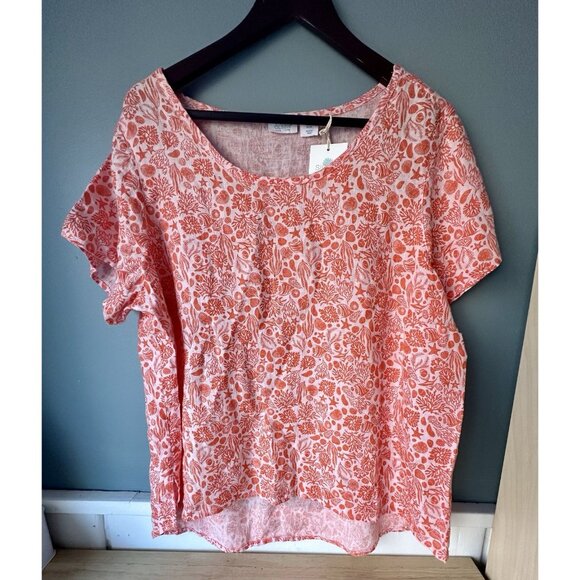 Sigrid Olsen Womens Shirt Top Size XL Pink Orange Floral Linen Short Sleeve - Picture 1 of 5